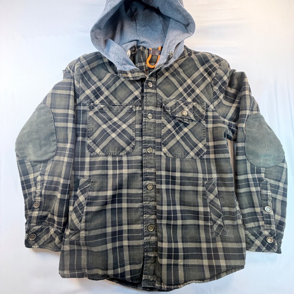 Sherpa Lined Hooded Flannel Shirt Jacket Mens Small Plaid Workwear Elbow Patches
